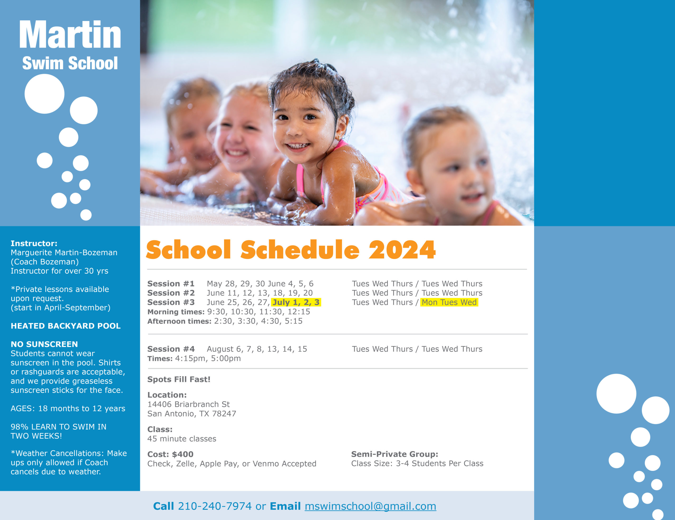 Martin Swim School 2024 Summer Schedule